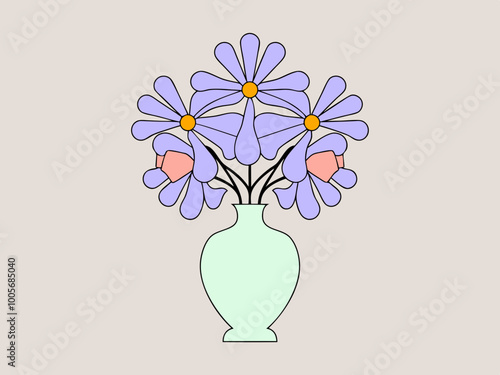 Illustration of a vase with purple flowers