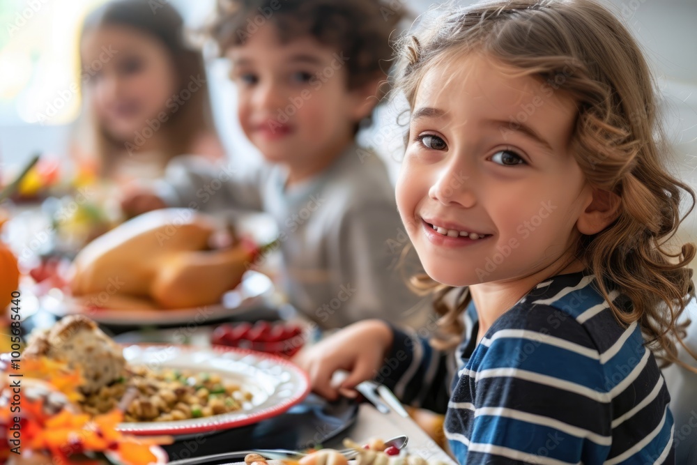 Happy children enjoying festive meal on Thanksgiving Day Happy children enjoying festive meal on Thanksgiving Day