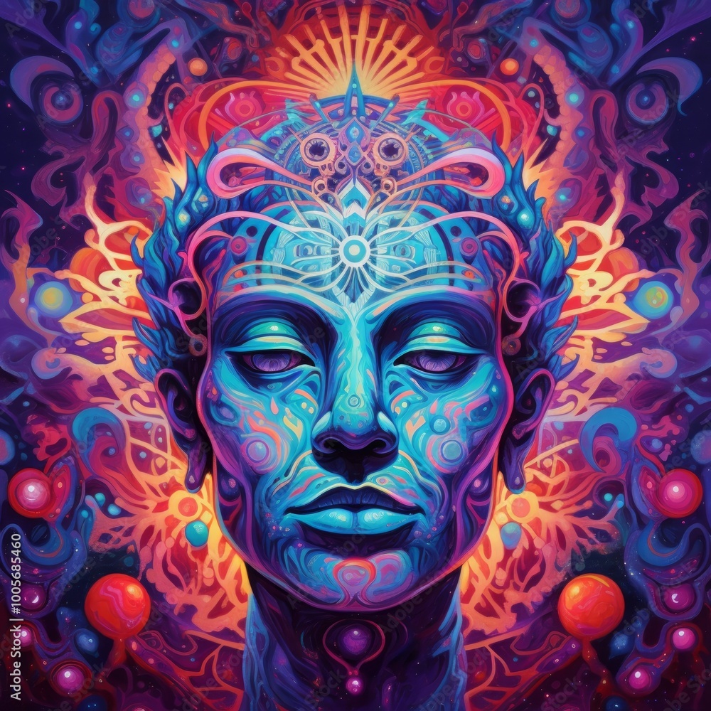 A vibrant, surreal portrait depicting a mystical human figure. A vibrant, surreal portrait depicting a mystical human figure.