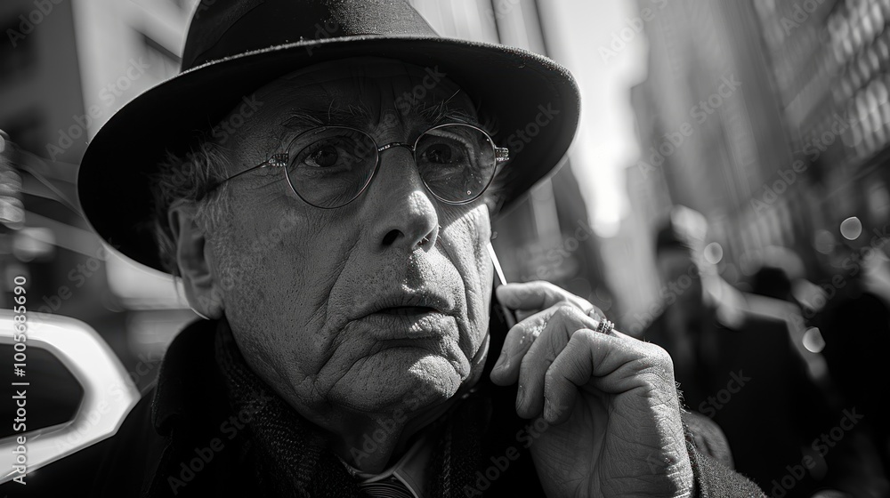 A thoughtful man in a black hat navigates a bustling city street while on a phone call during daylight. Generative AI A thoughtful man in a black hat navigates a bustling city street while on a phone call during daylight. Generative AI