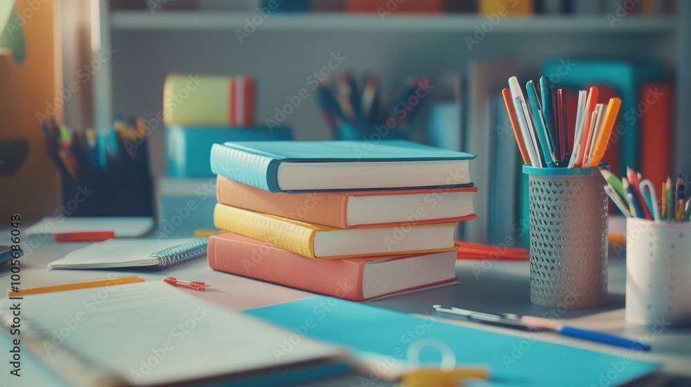 Neatly stacked books and a variety of stationery items such as paper clips and markers laid out on a table, creating a realistic workspace setup Neatly stacked books and a variety of stationery items such as paper clips and markers laid out on a table, creating a realistic workspace setup