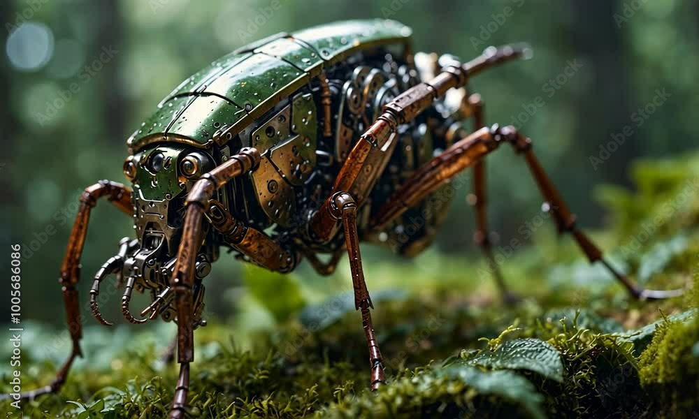 A highly detailed robotic insect perched on a leaf in a dense, misty