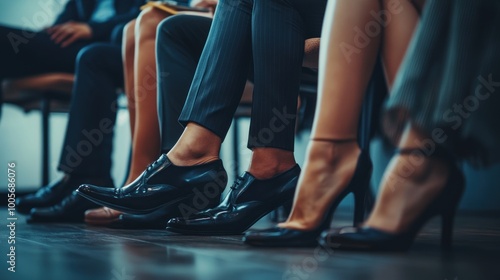 A group of people sitting in a waiting area, focusing on their legs and shoes.