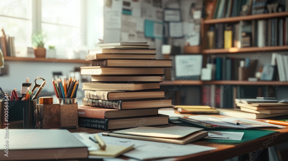 Stacks of books and various stationery items like pencils, erasers, and rulers on a study desk, creating a neat and realistic academic environmen Stacks of books and various stationery items like pencils, erasers, and rulers on a study desk, creating a neat and realistic academic environmen