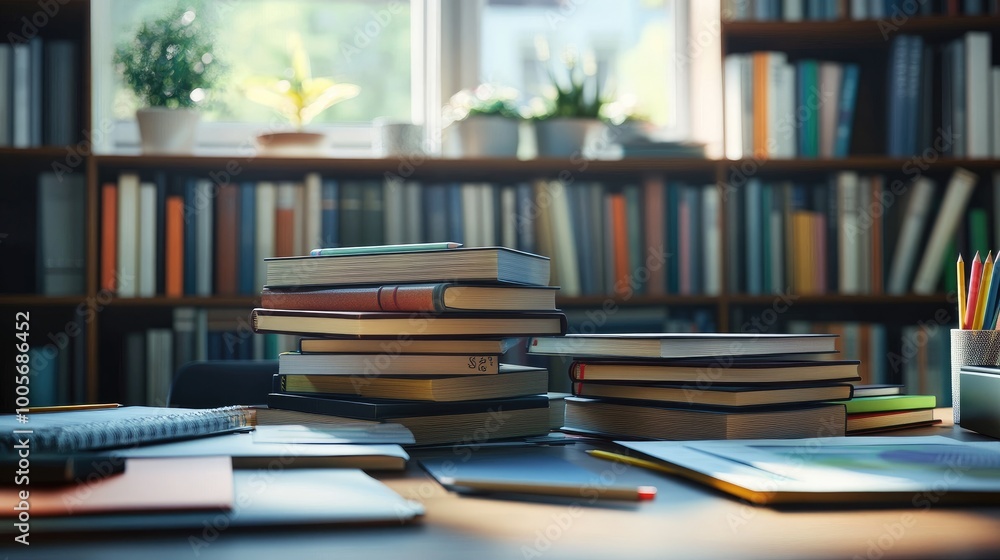Stacks of books and various stationery items like pencils, erasers, and rulers on a study desk, creating a neat and realistic academic environmen Stacks of books and various stationery items like pencils, erasers, and rulers on a study desk, creating a neat and realistic academic environmen