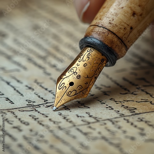 A close-up of a gold fountain pen resting on a page of old handw photo