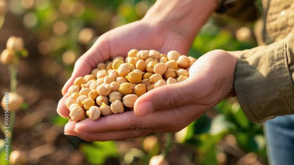 Hands Holding Soybeans in Sunlit Field with Green Foliage Hands Holding Soybeans in Sunlit Field with Green Foliage