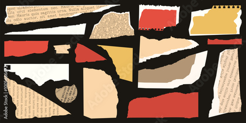 Collage Set elements for scrapbook. Trendy retro vintage paper cut, notebook sheet. Old rip torn paper collection. Craft retro gazettes, grunge papers collection. Isolated Vector illustration.