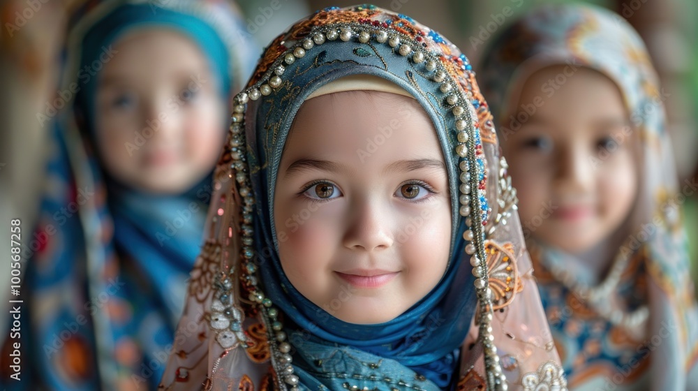 Three young girls dressed in colorful traditional attire pose joyfully indoors, showcasing culture and innocence. Generative AI Three young girls dressed in colorful traditional attire pose joyfully indoors, showcasing culture and innocence. Generative AI