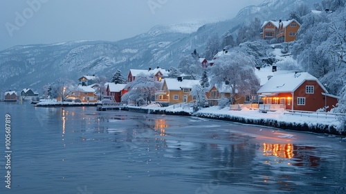 Cozy winter evening alongside a serene snowy fjord with brightly lit houses reflecting on the water. Generative AI