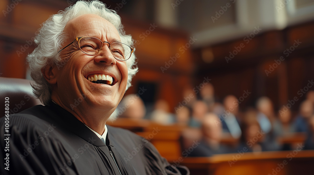 A judge laughs heartily in court, conveying a warm and approachable atmosphere amid serious discussions taking place. White Judge smiling with an audience present. A judge laughs heartily in court, conveying a warm and approachable atmosphere amid serious discussions taking place. White Judge smiling with an audience present.