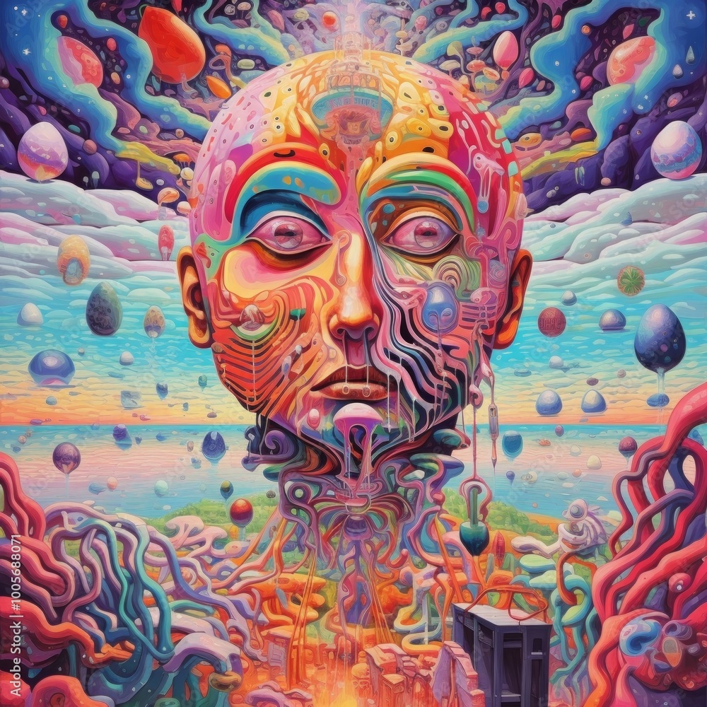 Naklejka premium A vibrant, surreal portrait merging human features with abstract elements.