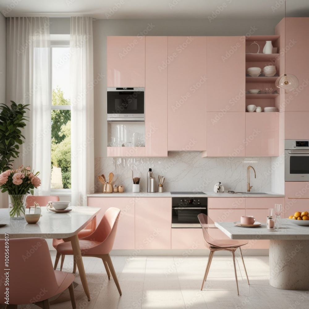 Fototapeta premium Modern Light pink Kitchen and Dining Interior Design stylish cooking space contemporary home design