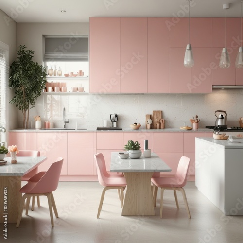 Modern Kitchen Elegance Light pink Cabinetry Meets Sleek Stainless Steel Appliances and stylish furnishings