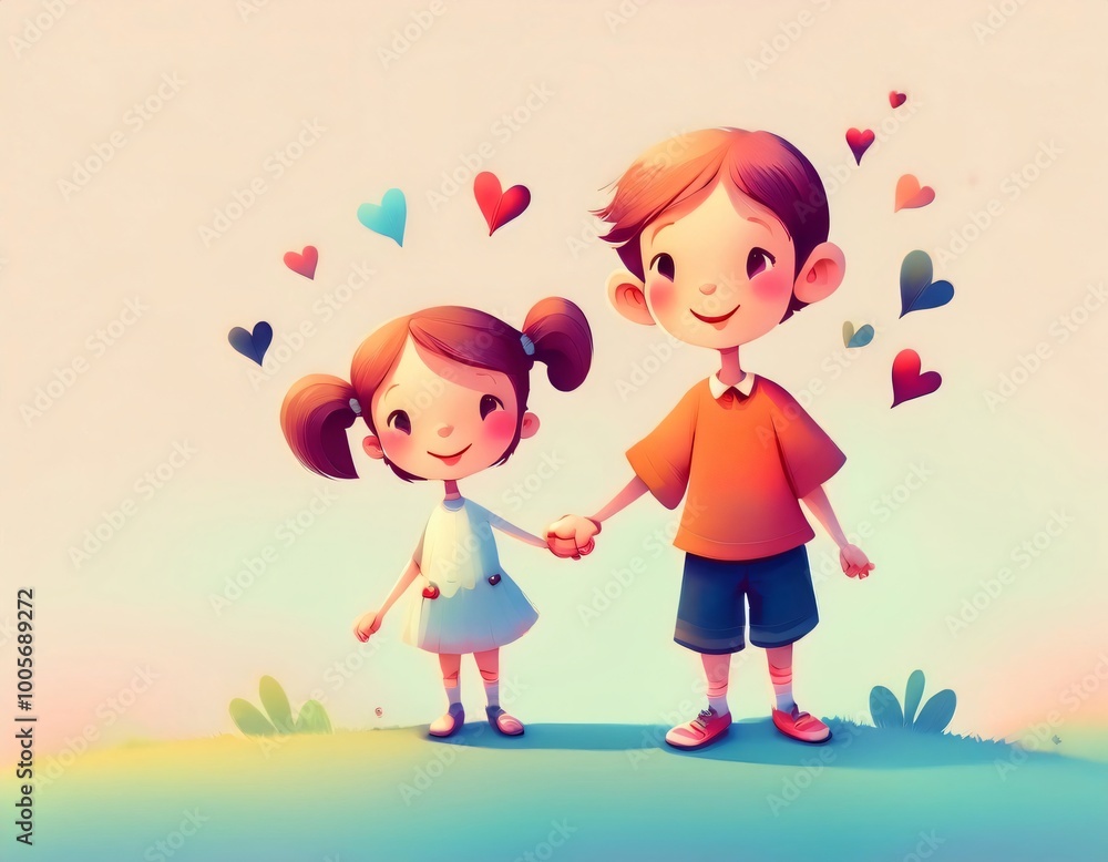 Cheerful cartoon kids holding hands and surrounded by colorful hearts Cheerful cartoon kids holding hands and surrounded by colorful hearts