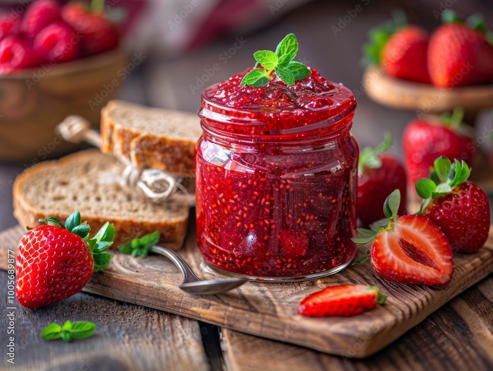 Sweet and healthy strawberry fruit jam in a glass jar on a wooden kitchen table next to the spoon and a whole grain bread for nutritious dessert vegan meal. - ai Sweet and healthy strawberry fruit jam in a glass jar on a wooden kitchen table next to the spoon and a whole grain bread for nutritious dessert vegan meal. - ai