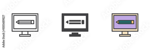 Computer screen with pencil different style icon set