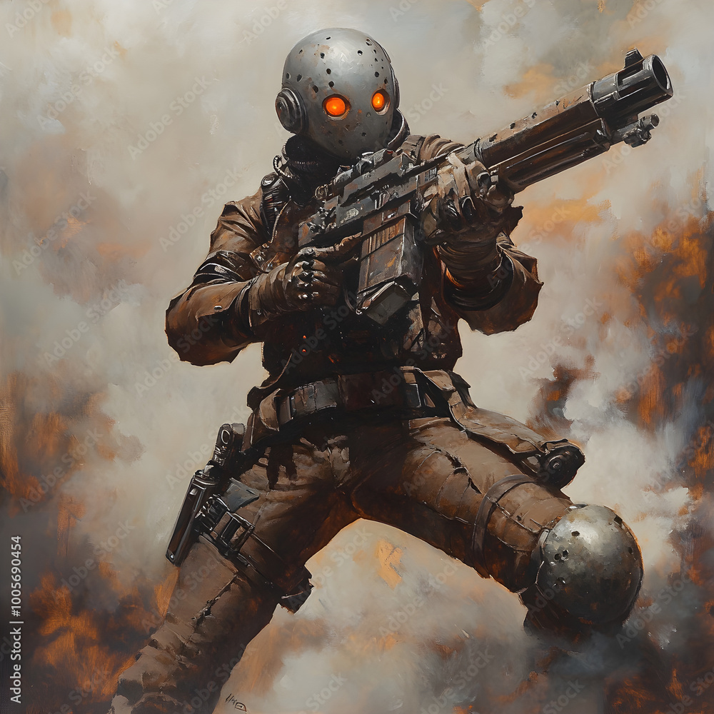 Fototapeta premium Soldier in a Gas Mask Holding a Gun