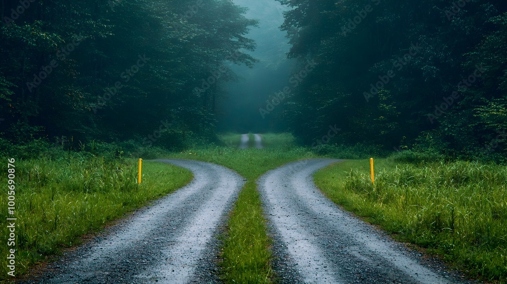 Fototapeta premium Diverging Path in the Mysterious Forest Symbolizing Choices and Betrayal