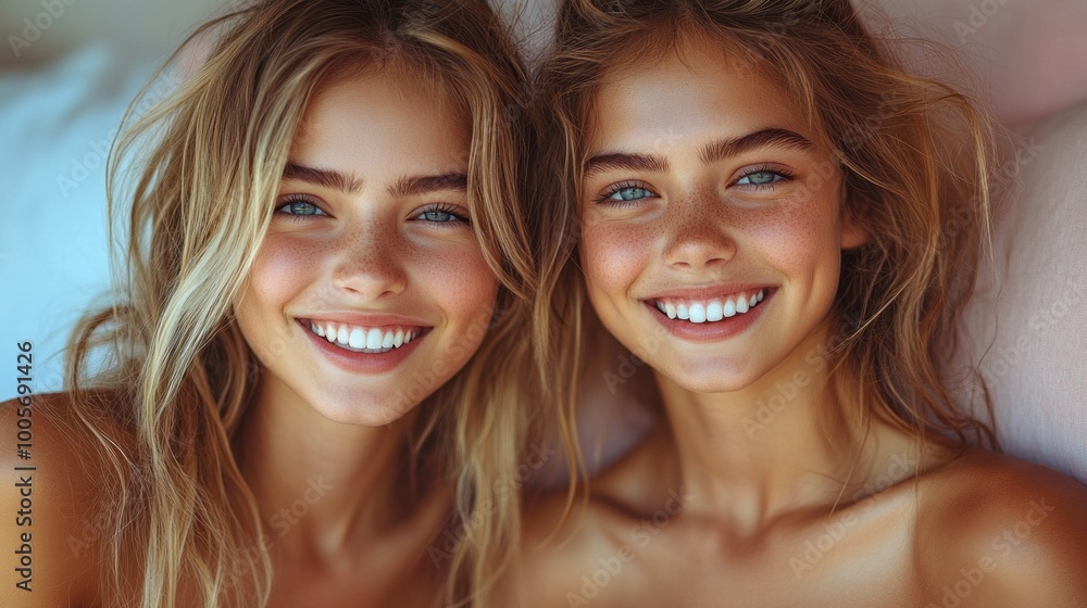Two women with blonde hair and blue eyes are smiling at the camera Two women with blonde hair and blue eyes are smiling at the camera
