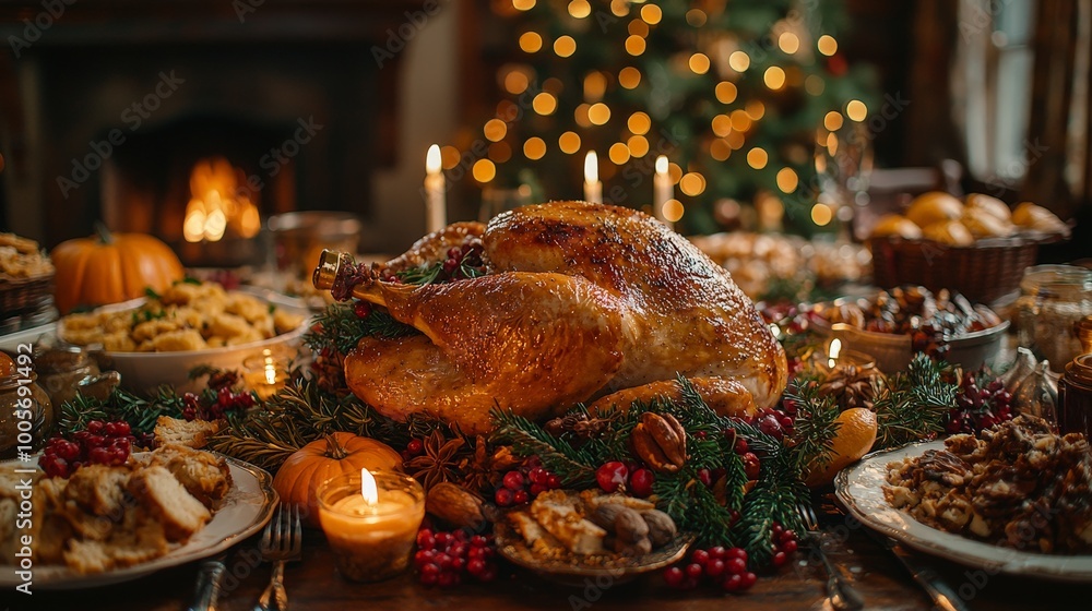 A festive Thanksgiving table filled with a roasted turkey and various side dishes. A festive Thanksgiving table filled with a roasted turkey and various side dishes.