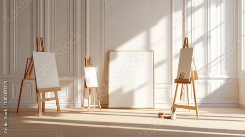 Art room filled with easels paint and brushes 3D illustration