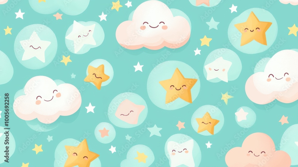 Soft cloud and star motifs with smiling faces designed in a repeating pattern with gentle pastel hues Soft cloud and star motifs with smiling faces designed in a repeating pattern with gentle pastel hues
