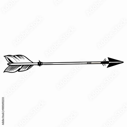 Black and white illustration of an arrow pointing right. Concept: direction, motion, arrow, symbol, movement, sign, icon. Suitable for navigation, signage, design, and directional purposes.