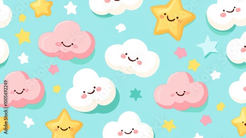 Soft cloud and star motifs with smiling faces designed in a repeating pattern with gentle pastel hues