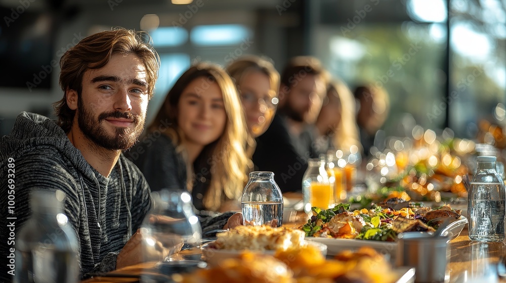 A gathering of friends enjoying a meal together at a long table filled with food and drinks. A gathering of friends enjoying a meal together at a long table filled with food and drinks.