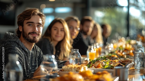 A gathering of friends enjoying a meal together at a long table filled with food and drinks.