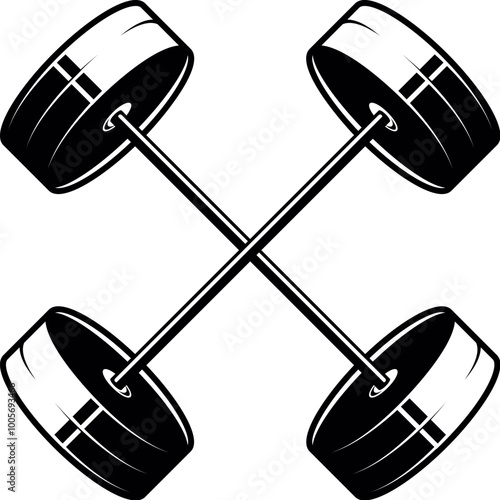 Illustration of a crossed barbells in monochrome style. Design element for logo, sign, emblem. Vector illustration