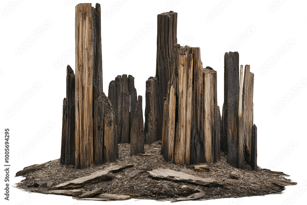 A cluster of weathered wooden logs, showcasing textured bark and earthy tones, perfect for nature and rustic themes.