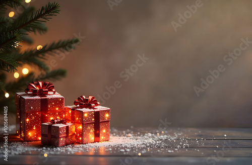 Under the Christmas tree are beautifully wrapped gifts glowing from the inside on the wooden floor on the left and plenty of free space on the right.