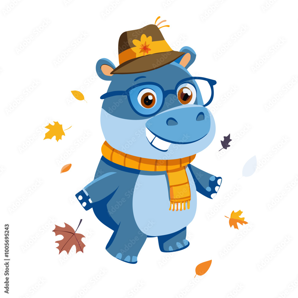 Cute cartoon hippo wearing glasses, scarf, and hat with autumn leaves. Cute cartoon hippo wearing glasses, scarf, and hat with autumn leaves.
