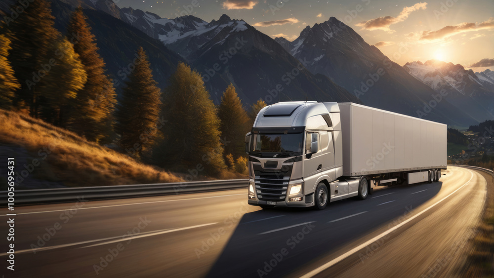 photorealistic image of a sleek, futuristic semi-trailer truck photorealistic image of a sleek, futuristic semi-trailer truck
