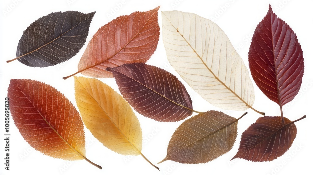 Fototapeta premium Autumn Elegance: Vibrant Collection of Red, Orange, and Yellow Leaves with Intricate Veins and Textures on White Background