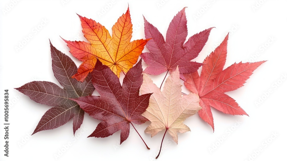 Autumn Splendor - Vibrant Collection of Red, Orange, and Yellow Leaves with Intricate Veins on White Background Autumn Splendor - Vibrant Collection of Red, Orange, and Yellow Leaves with Intricate Veins on White Background