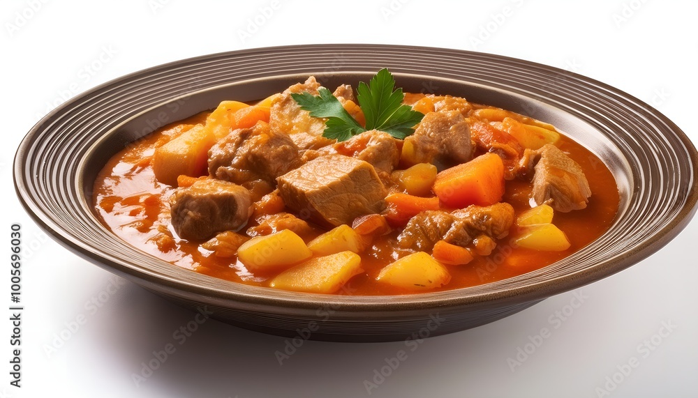 Pork stewed with potatoes, carrots and spices (Hungarian goulash). Isolated on white background Pork stewed with potatoes, carrots and spices (Hungarian goulash). Isolated on white background