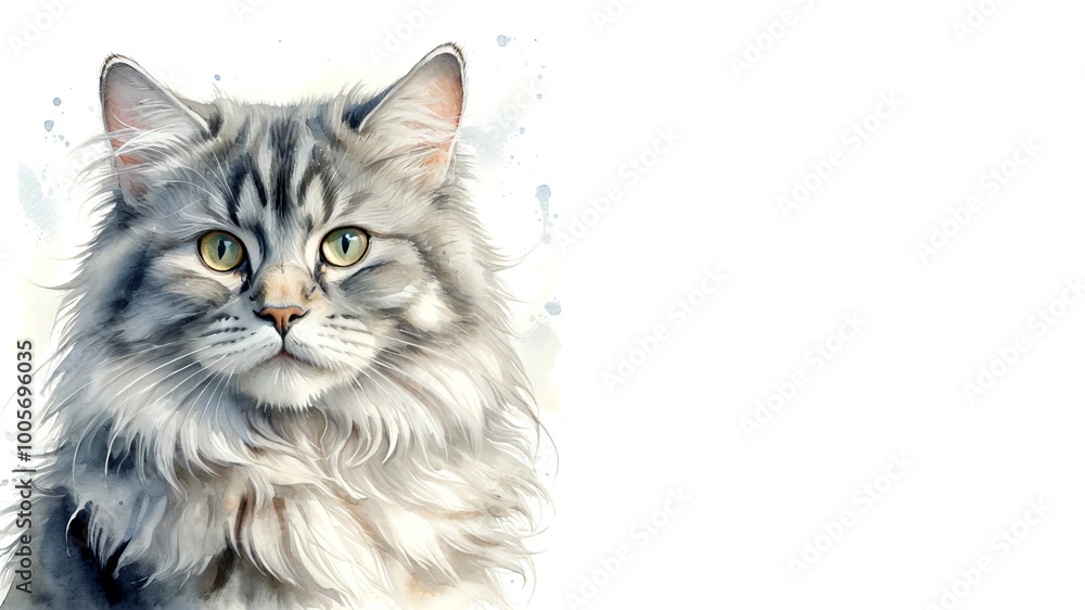 Silver Siberian cat, captured in a serene watercolor portrait. Drawing. Art. Illustration. Copy Space. 2 Silver Siberian cat, captured in a serene watercolor portrait. Drawing. Art. Illustration. Copy Space. 2