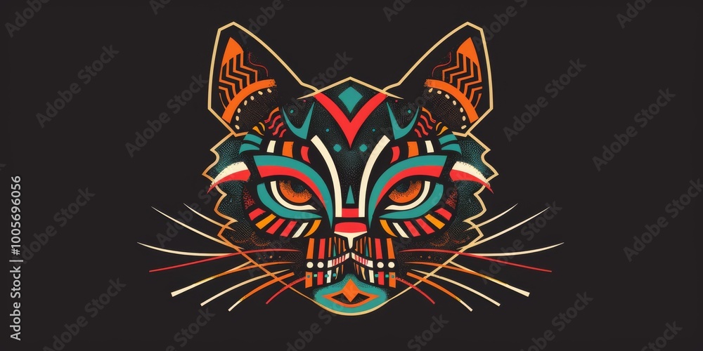 Minimalist cat head with bright tribal designs. Minimalist cat head with bright tribal designs.