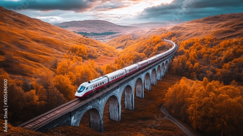 Wallpaper Mural A dramatic shot of a train crossing a scenic viaduct, with rolling hills in the background, showcasing the beauty of rail travel through diverse landscapes. Torontodigital.ca
