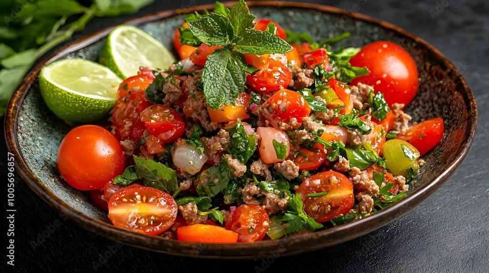 Flavorful Laab Spicy Minced Meat Salad with Fresh Herbs Served in a Traditional Isaan Style Dish Showcasing the Vibrant and Authentic Flavors of Thai Cuisine Flavorful Laab Spicy Minced Meat Salad with Fresh Herbs Served in a Traditional Isaan Style Dish Showcasing the Vibrant and Authentic Flavors of Thai Cuisine
