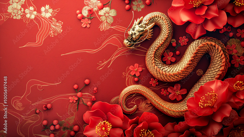Fototapeta premium 2025 Chinese New Year with stunning golden snake and floral background. Generative AI