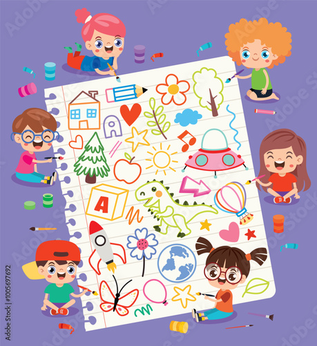 Obraz na płótnie Cartoon Kids Painting On Paper w salonie