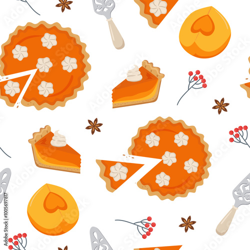 Pumpkin pie background. Pumpkin slice, whole pie, piece of pumkin. Seamless pattern for paper, packaging, fabric, wallpaper.