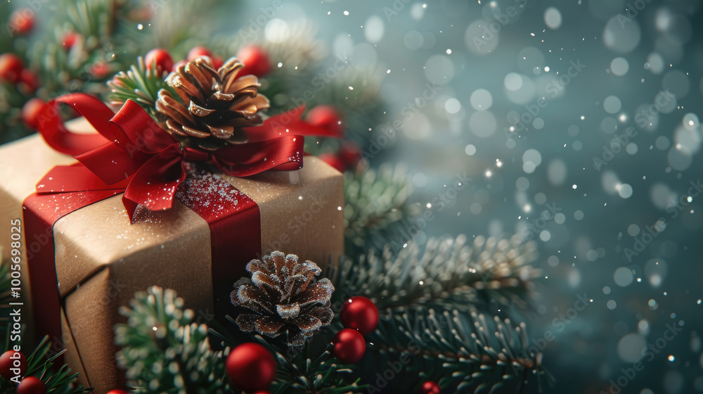 Festive Christmas Gift Wrapped in Brown Paper with Red Ribbon Amidst Pine Branches and Snowflakes Festive Christmas Gift Wrapped in Brown Paper with Red Ribbon Amidst Pine Branches and Snowflakes
