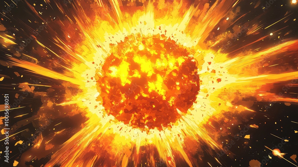 Cartoon explosion with a spherical fireball at the center, sending bright yellow and orange flames outward in jagged bursts. Cartoon explosion with a spherical fireball at the center, sending bright yellow and orange flames outward in jagged bursts.
