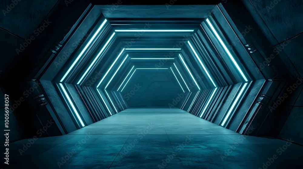 Naklejka premium Futuristic Dark Glowing Geometric Tunnel Interior 3D Visualization