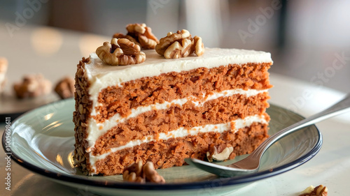 Wallpaper Mural A mouthwatering slice of carrot cake with cream cheese frosting, served on a plate in a cozy cafe setting, perfect for dessert or bakery themes.  Torontodigital.ca